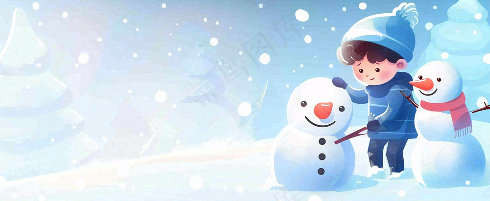 冬天白雪地里的小男孩在堆雪人可爱卡通插画小寒立冬大雪背景