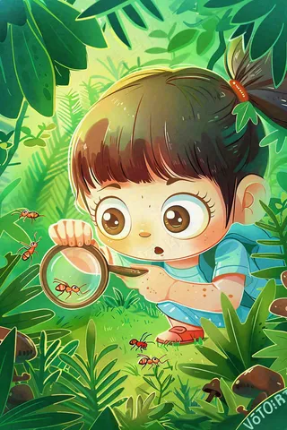 儿童学生森林冒险放大镜观察蚂蚁户外探险儿童节卡通插画背景