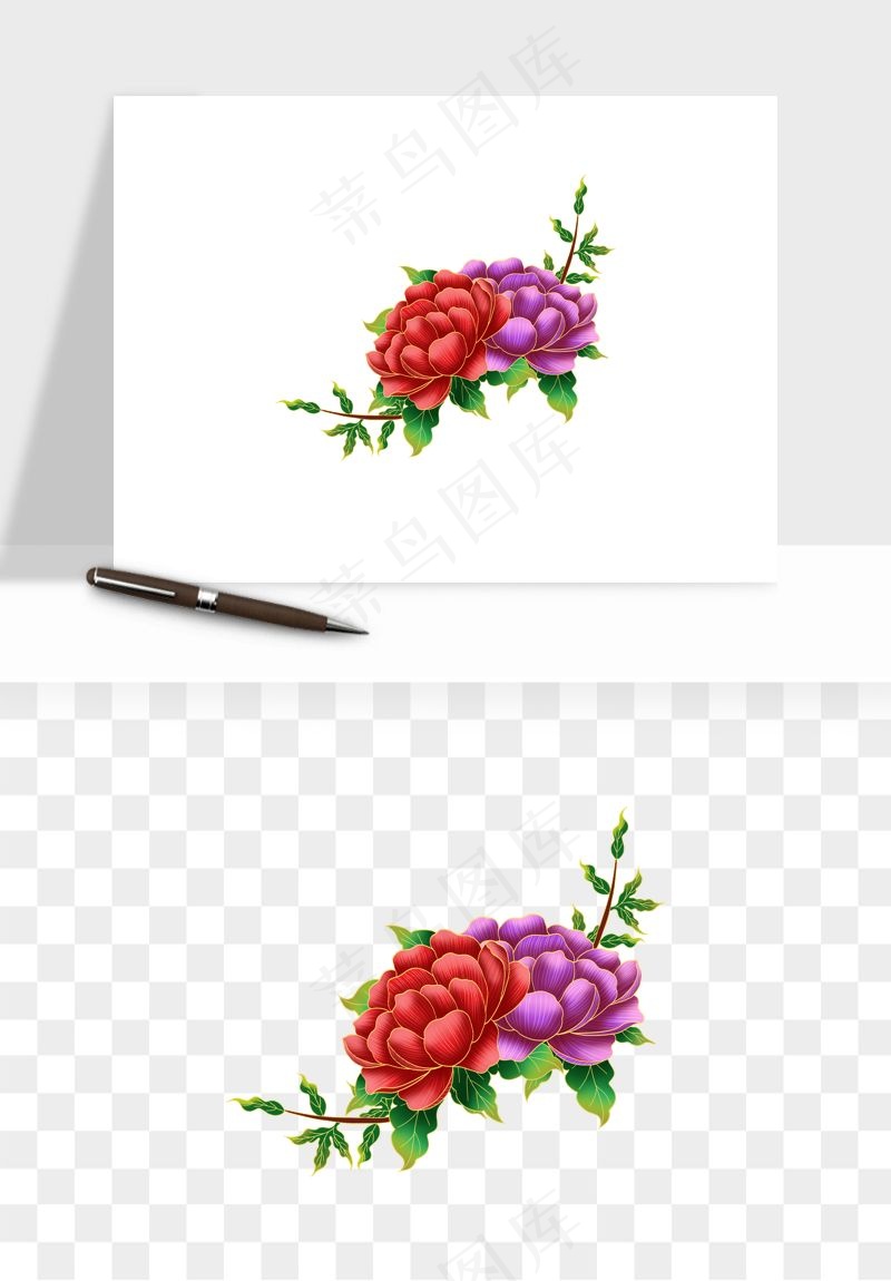 手绘国潮牡丹花花卉图案png免抠