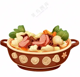 砂锅美食菌菇蔬菜肉类寿喜烧美食插画免抠