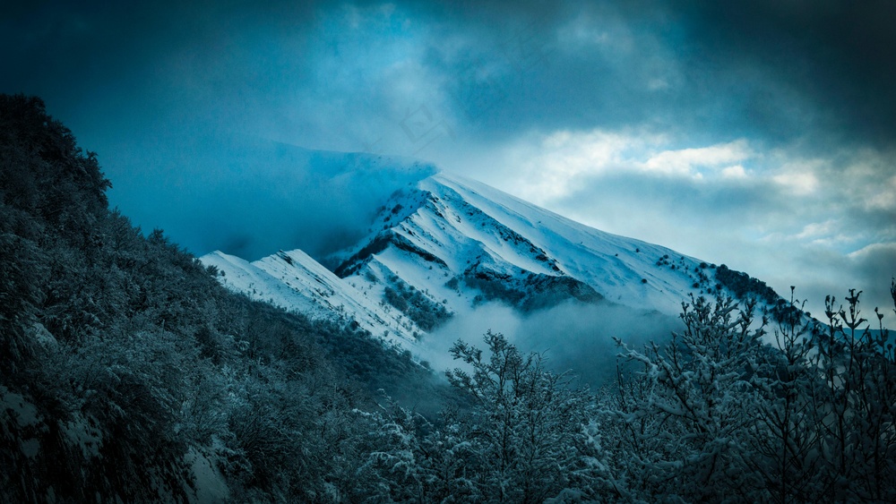 雪峰寒林深蓝冬季壁纸