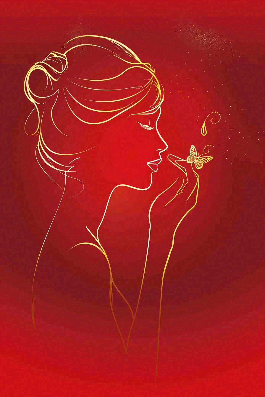 红色金线剪影女生节妇女节唯美插画背景