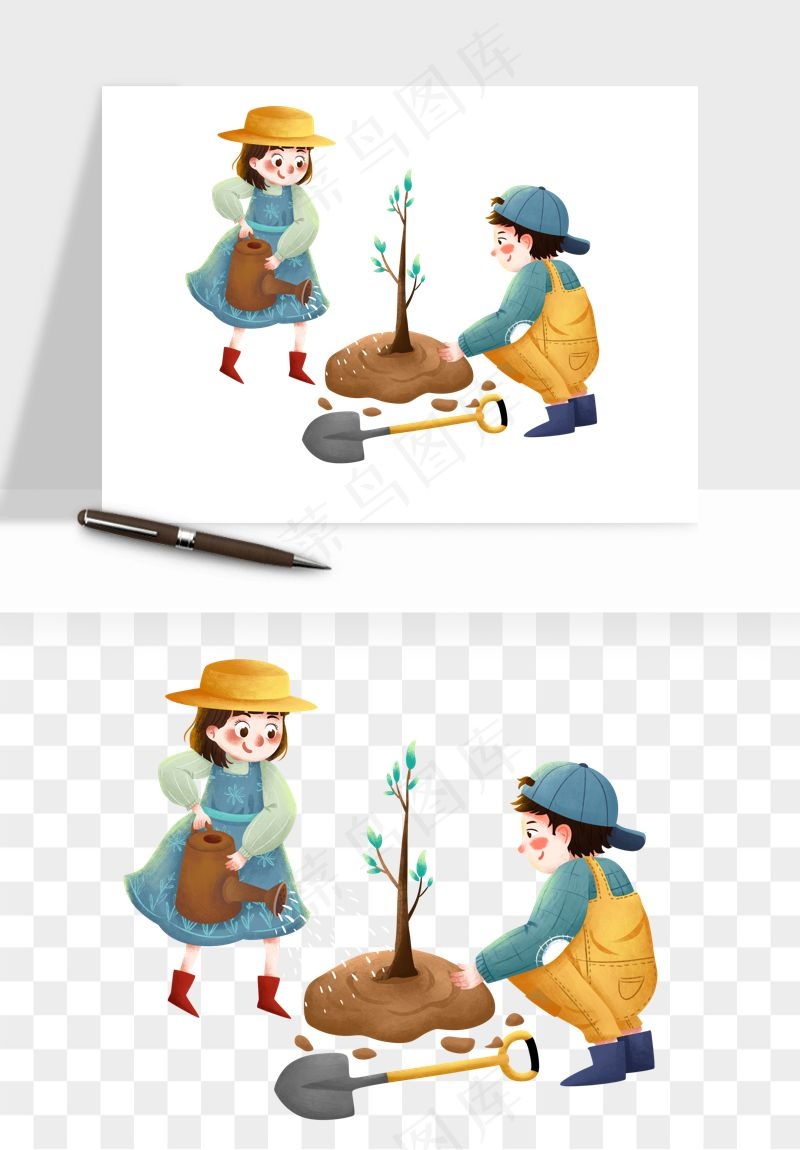 手绘植树节挖土人物png免抠