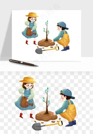 手绘植树节挖土人物png免抠