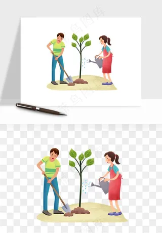 手绘植树节挖土人物png免抠