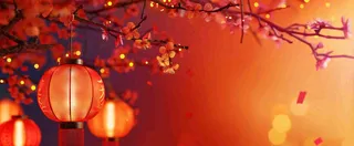 春节梅花红灯笼挂枝头红色喜庆小年除夕夜元宵节背景