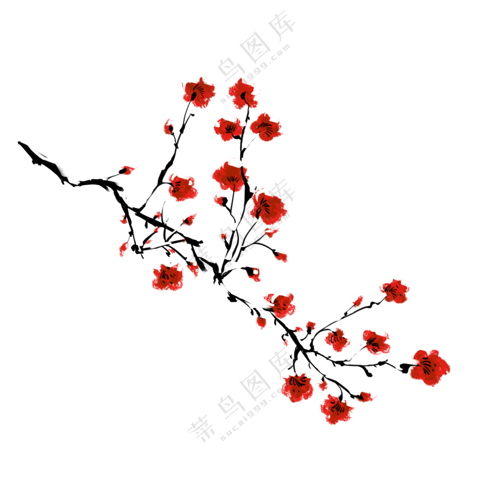 树枝上开出的红色梅花绘画免抠图片