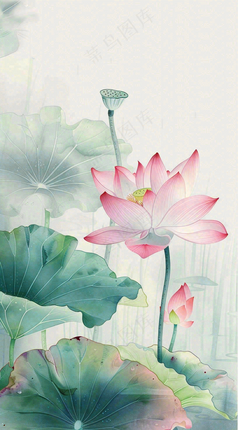 夏天荷花荷叶清凉小清新淡雅小暑大暑处暑插画背景