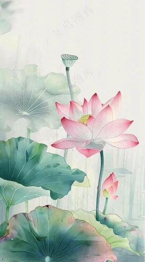 夏天荷花荷叶清凉小清新淡雅小暑大暑处暑插画背景