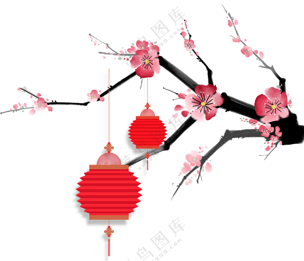 红灯笼与手绘水墨梅花PNG图片素材
