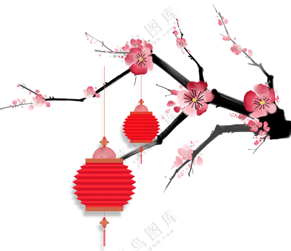 红灯笼与手绘水墨梅花PNG图片素材