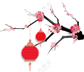 红灯笼与手绘水墨梅花PNG图片素材