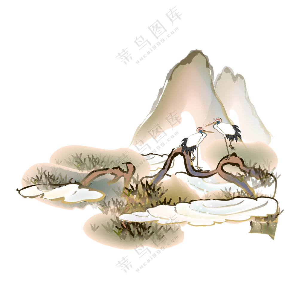 水墨风高山与两只仙鹤免抠图片素材