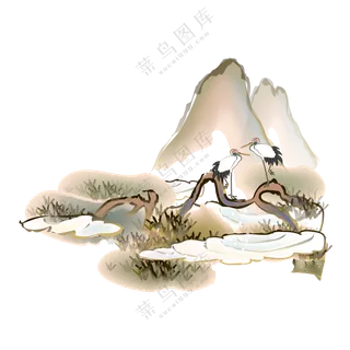 水墨风高山与两只仙鹤免抠图片素材