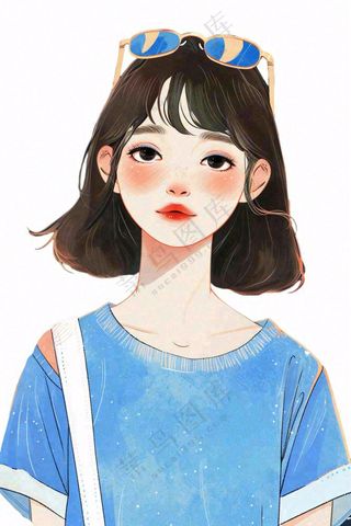 蓝色衣服的少女女生人物卡通插画免抠
