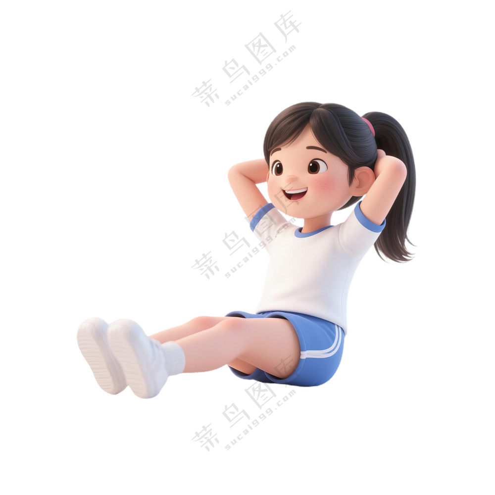 蓝+白色纯净3D风格仰卧起坐的女孩免抠PNG素材