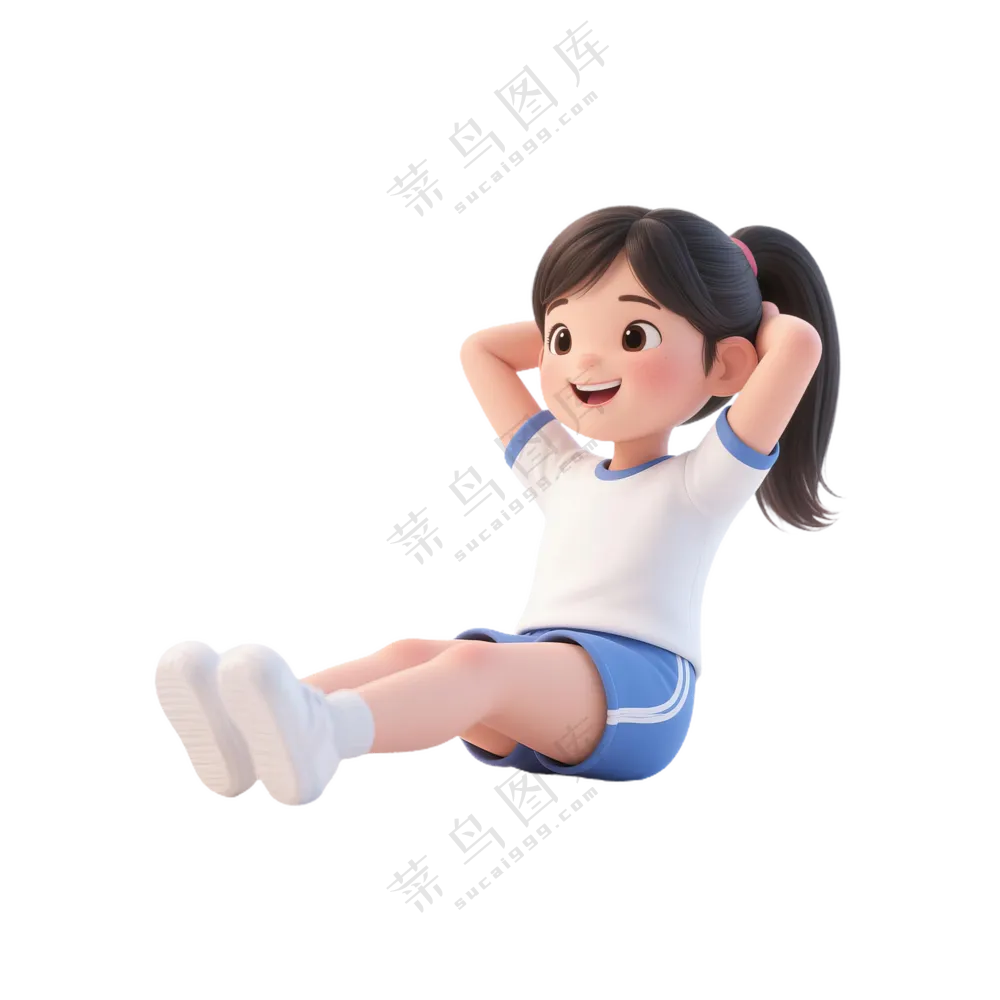 蓝+白色纯净3D风格仰卧起坐的女孩免抠PNG素材