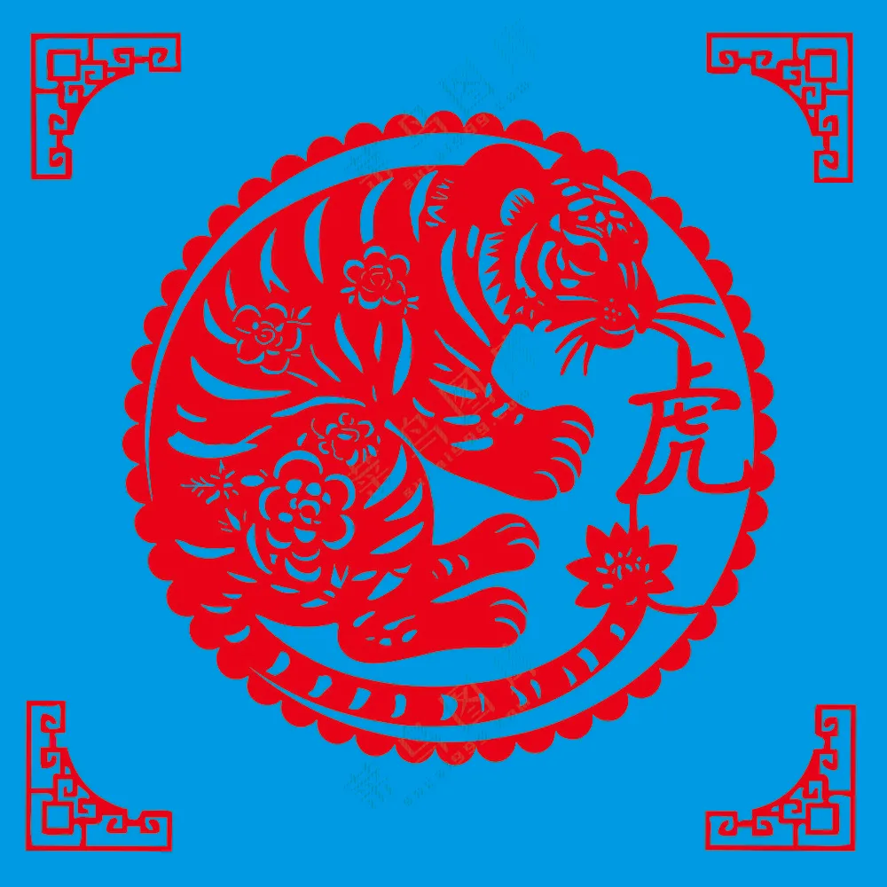 红色圆形老虎剪纸
