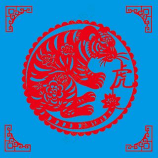 红色圆形老虎剪纸