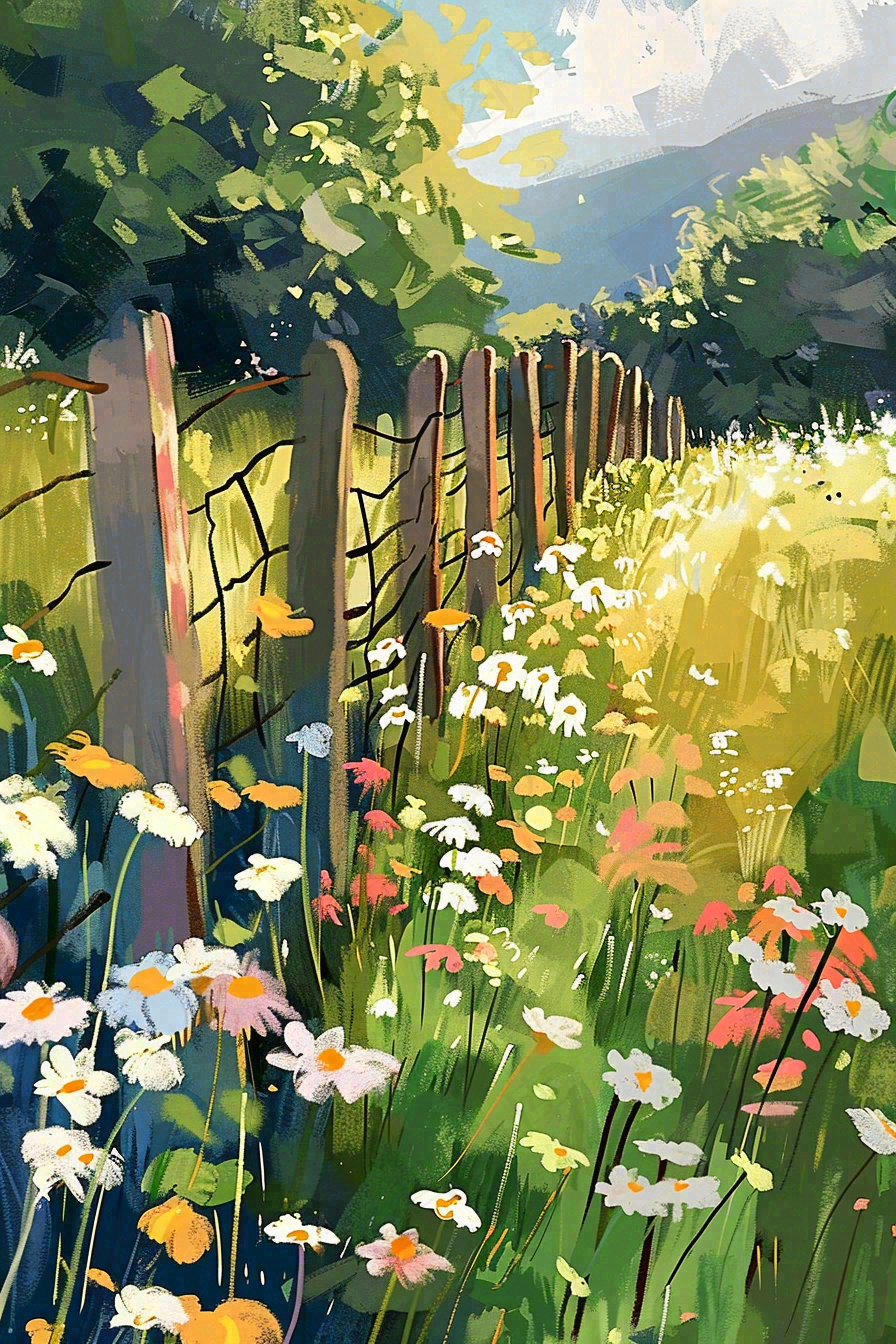春天花圃后花园草丛小花惊蛰立夏油画插画背景
