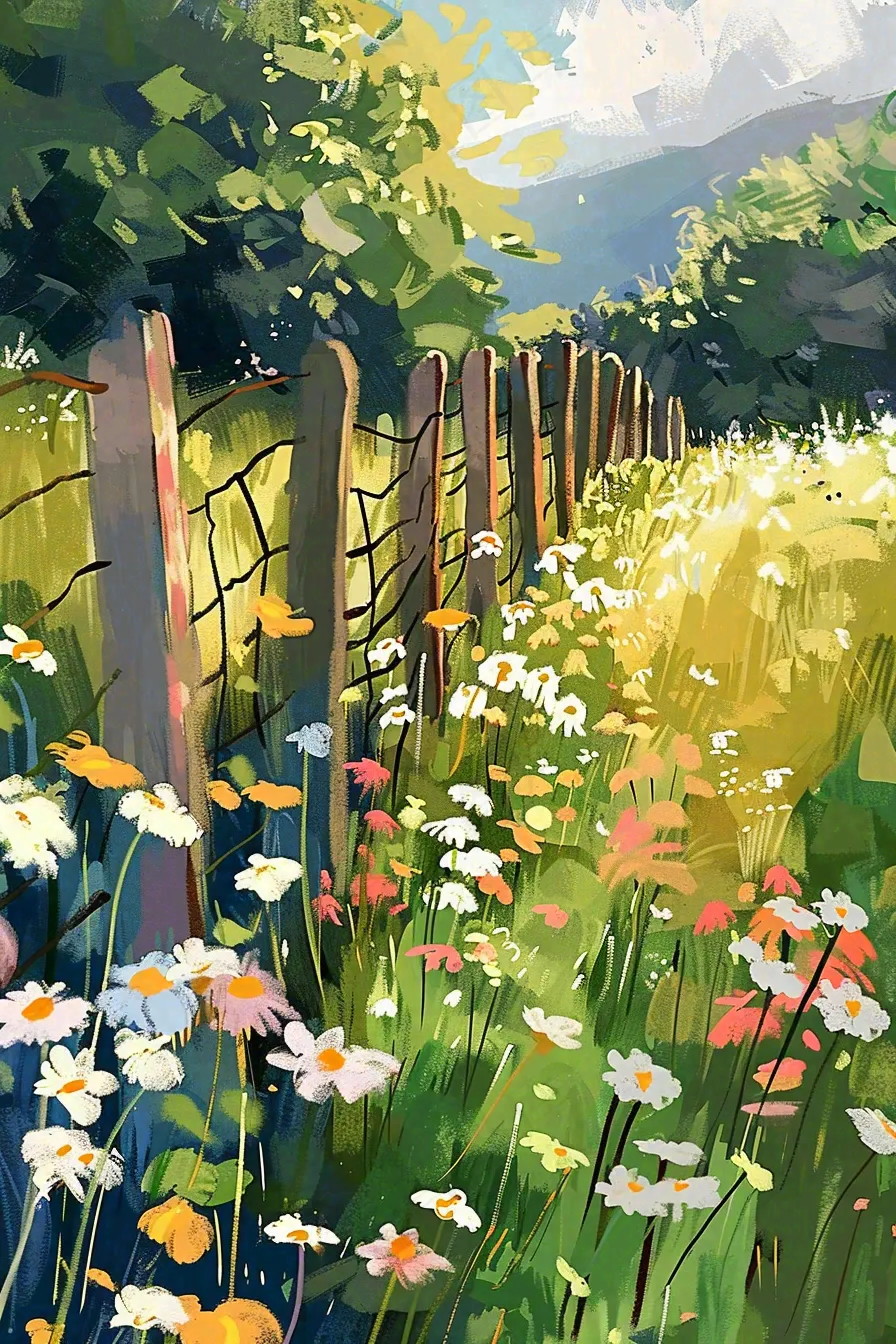 春天花圃后花园草丛小花惊蛰立夏油画插画背景