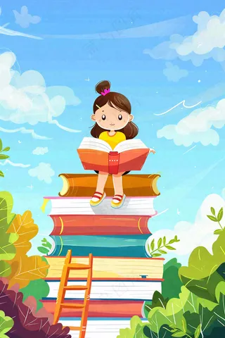 坐着书本课本堆砌上学习的学生孩子创意世界读书日卡通插画背景