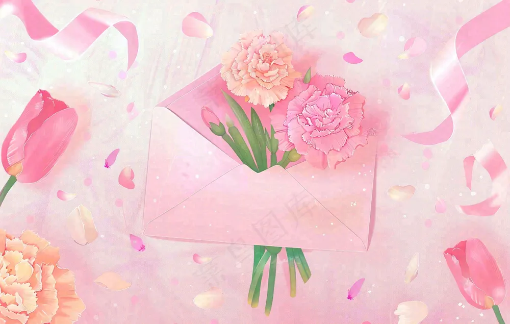 母亲节鲜花花束信封康乃馨粉色插画背景