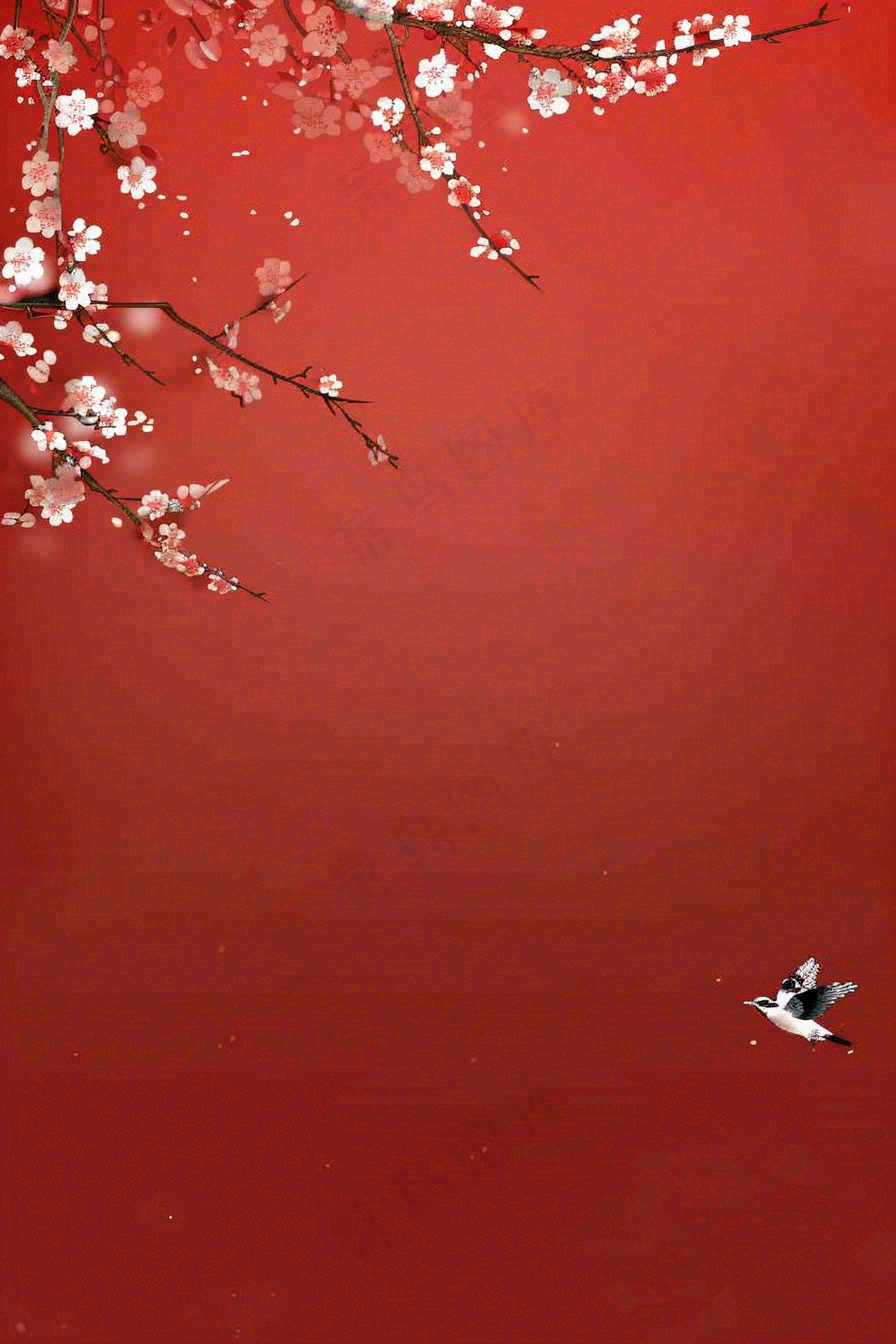 红色墙背景梅花红花鸟情人节七夕小年新年除夕背景