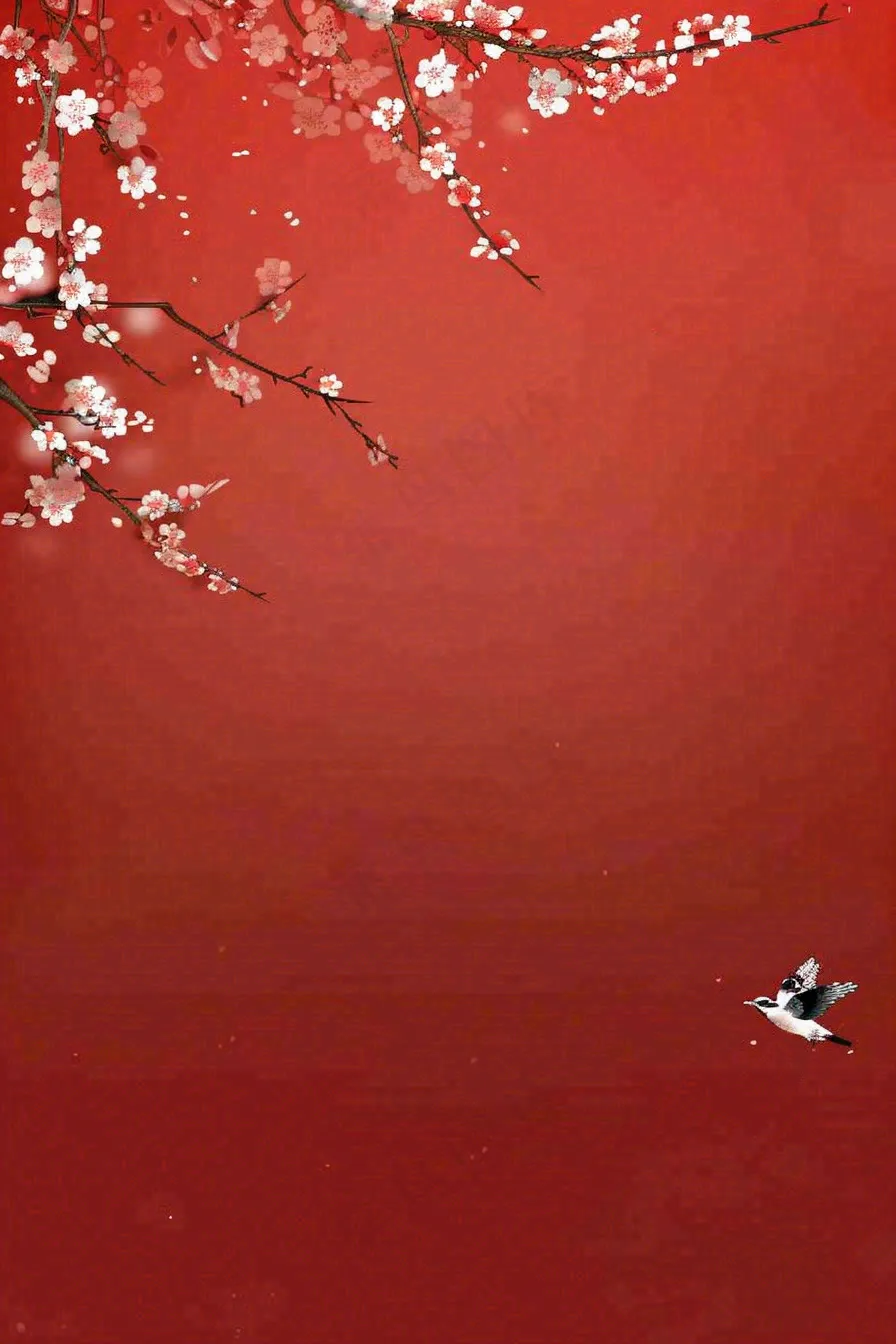 红色墙背景梅花红花鸟情人节七夕小年新年除夕背景