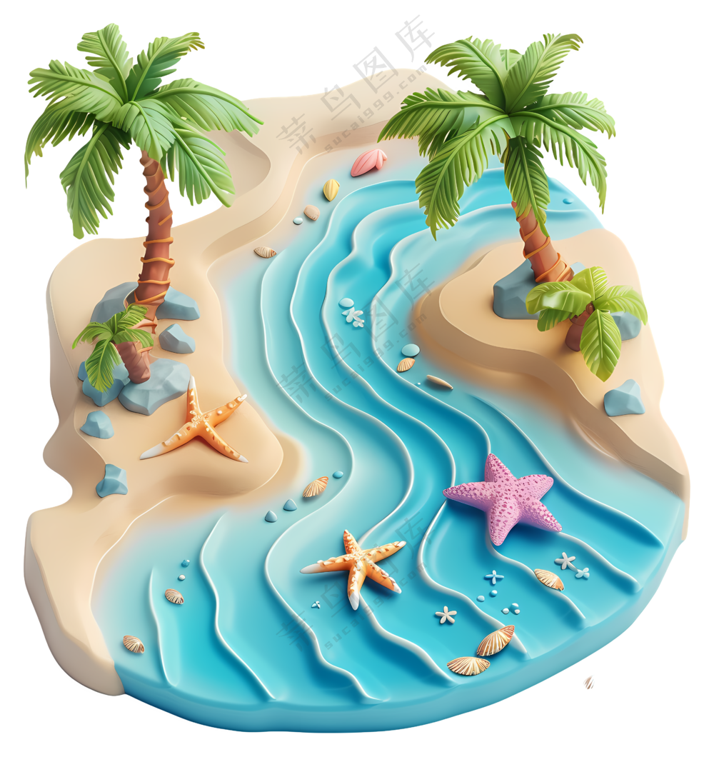 棕榈树和海星的热带海滩