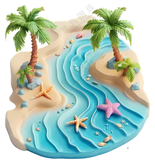 棕榈树和海星的热带海滩