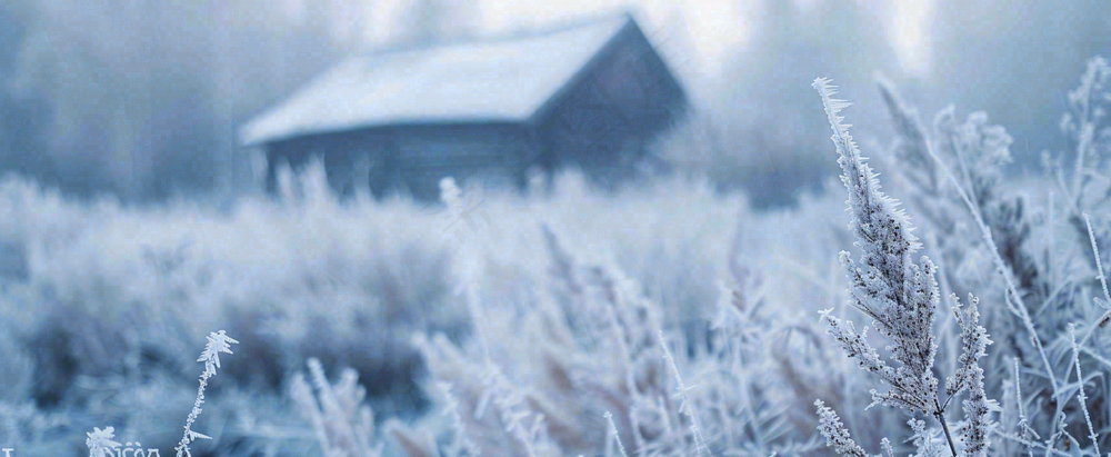 冬天植物森林里的木屋白雪覆盖小寒小雪摄影图