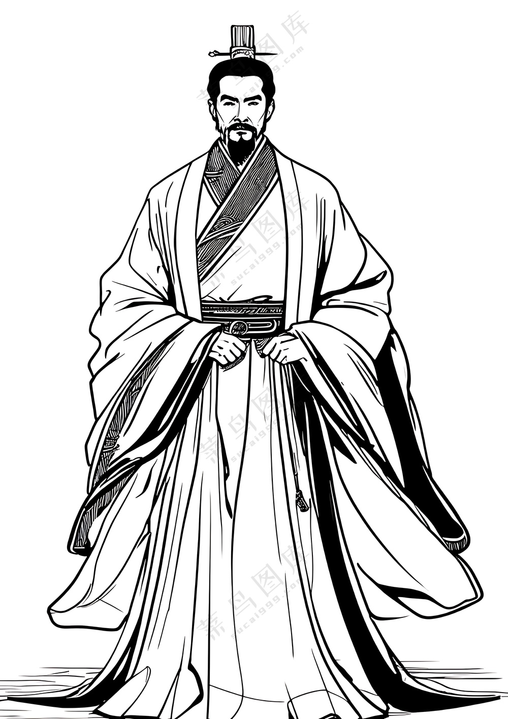 简约简笔画黑白线稿的古代官人人物_全身