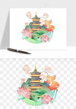 国潮城市地标山水建筑png免抠