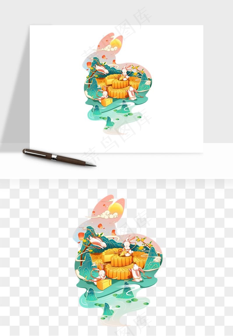 中秋月饼玉兔国潮插画png免抠