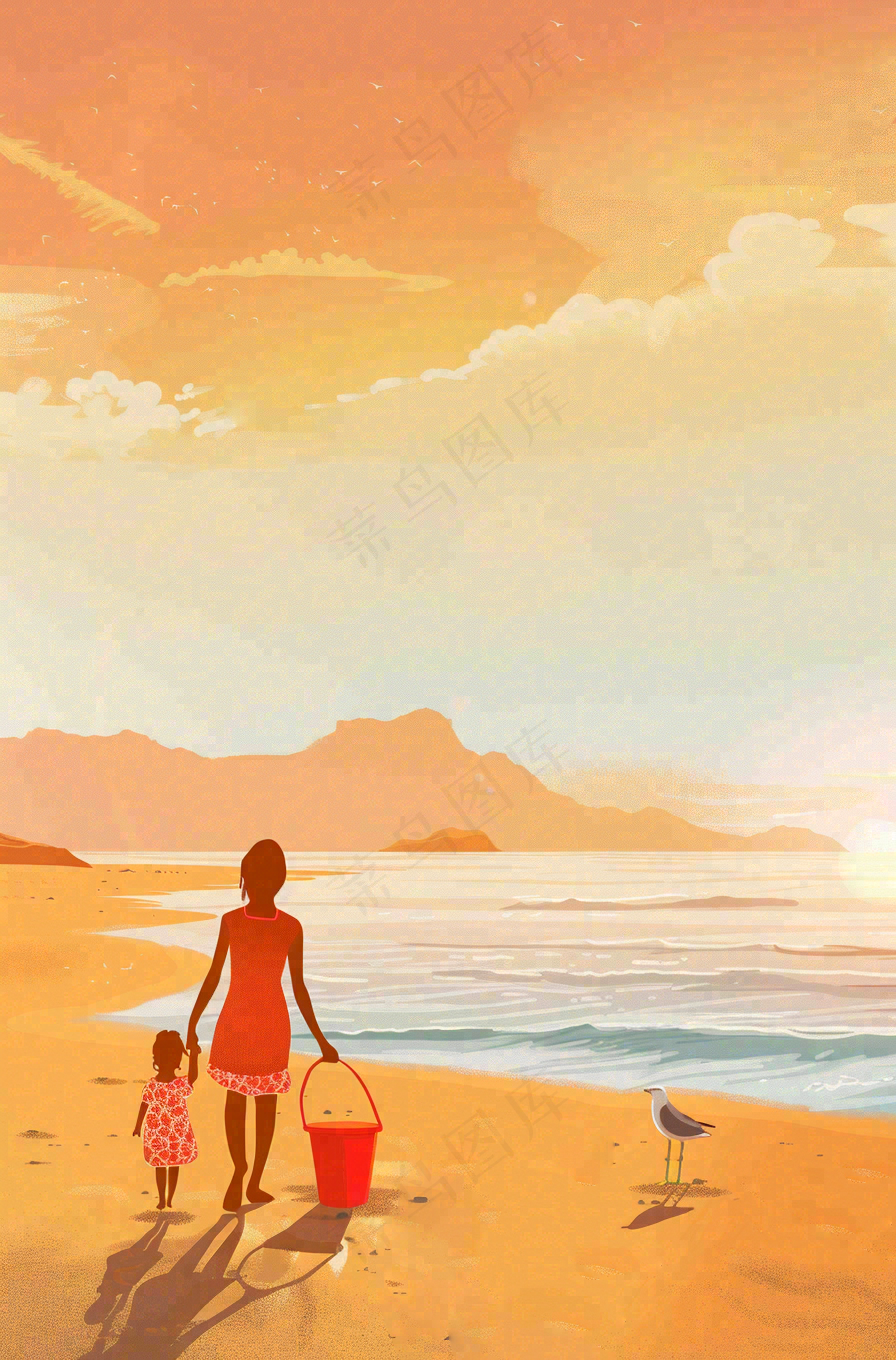 夕阳晚霞下的海洋沙滩亲子散步母亲节插画背景