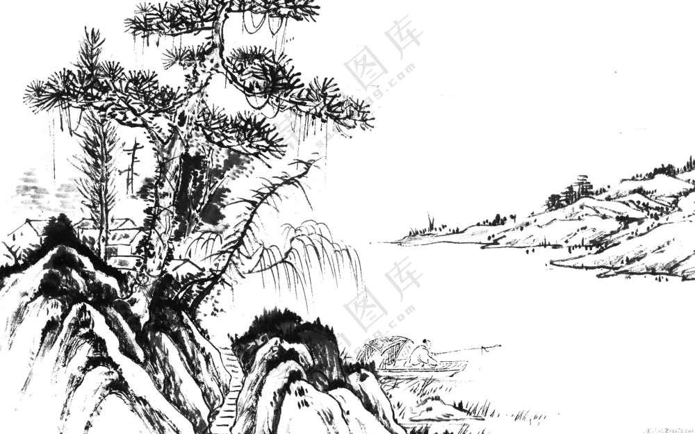 中国风群山风光与垂钓老翁免抠图片