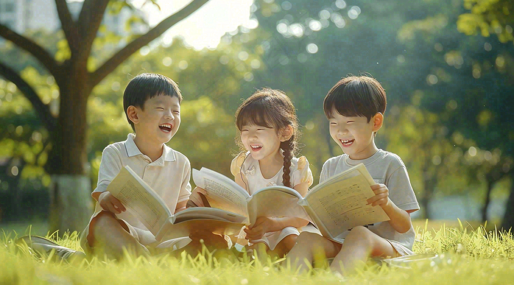 公园草坪看书阅读的学生孩子们知识兴趣世界读书日摄影图