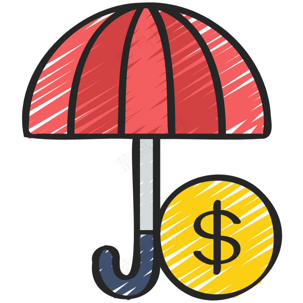 保险 红色伞 金币 铅笔手绘图标 icon