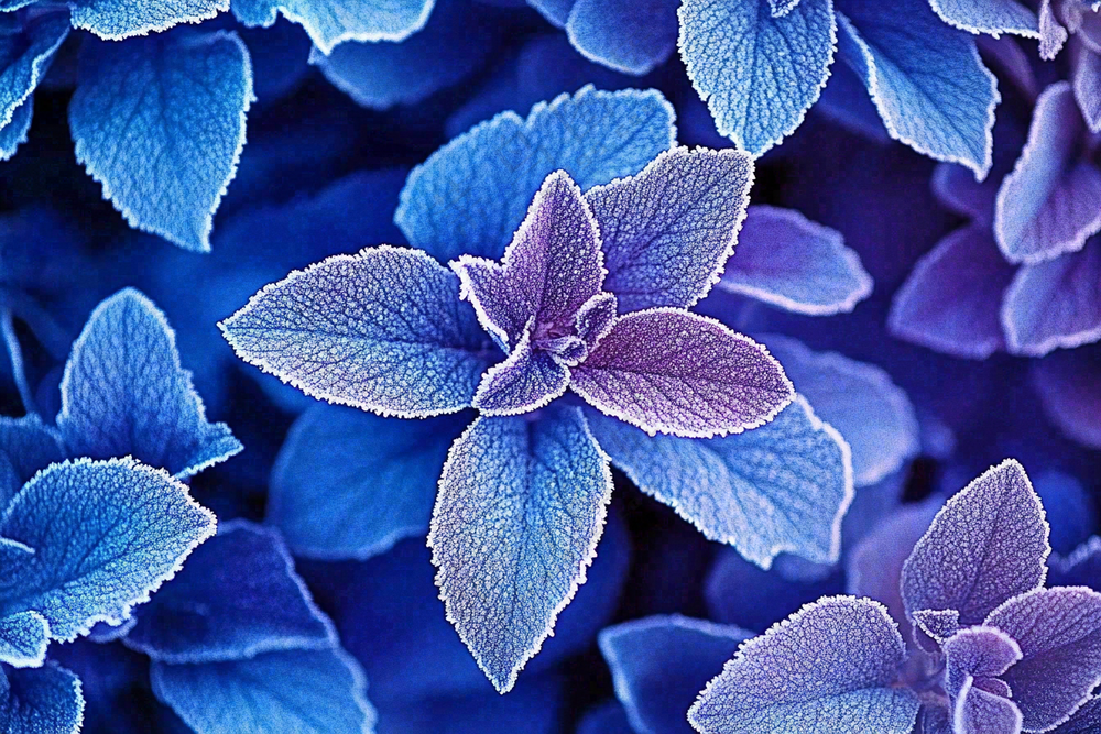 植物叶片上的白霜霜降摄影图