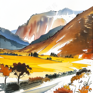 郊外山川自然风景 棕色系水彩风景插画