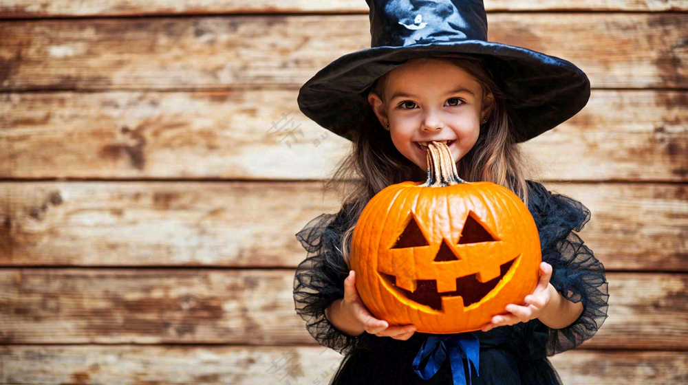 万圣节小女孩抱着南瓜灯装扮节日摄影图