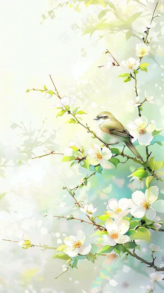 春天繁华盛开树枝小鸟春意小清新唯美立春惊蛰插画背景