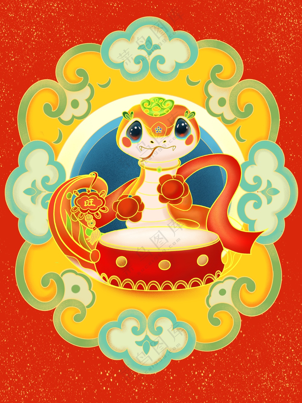 蛇年蛇形象IP敲鼓新年春节新春贺岁喜庆插画