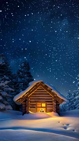 冬季夜晚蓝色星空下的小木屋灯火平安夜插画背景