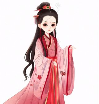 红色衣裙的古风人物少女插画免抠