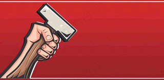 劳动局卡通复古插画工人手拿工具红色插画背景