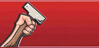 劳动局卡通复古插画工人手拿工具红色插画背景