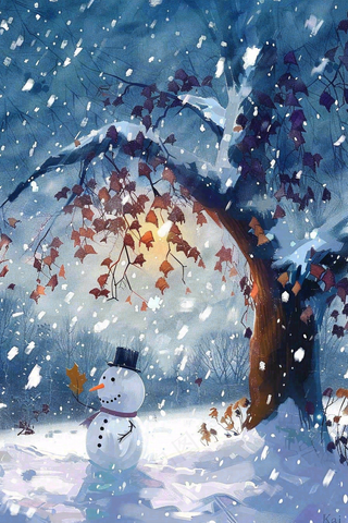冬天夜晚大雪雪花飘零大树下的雪人唯美雪景插画大雪小雪背景
