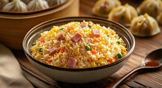 火腿肉丁炒饭鸡蛋美食主食摄影图